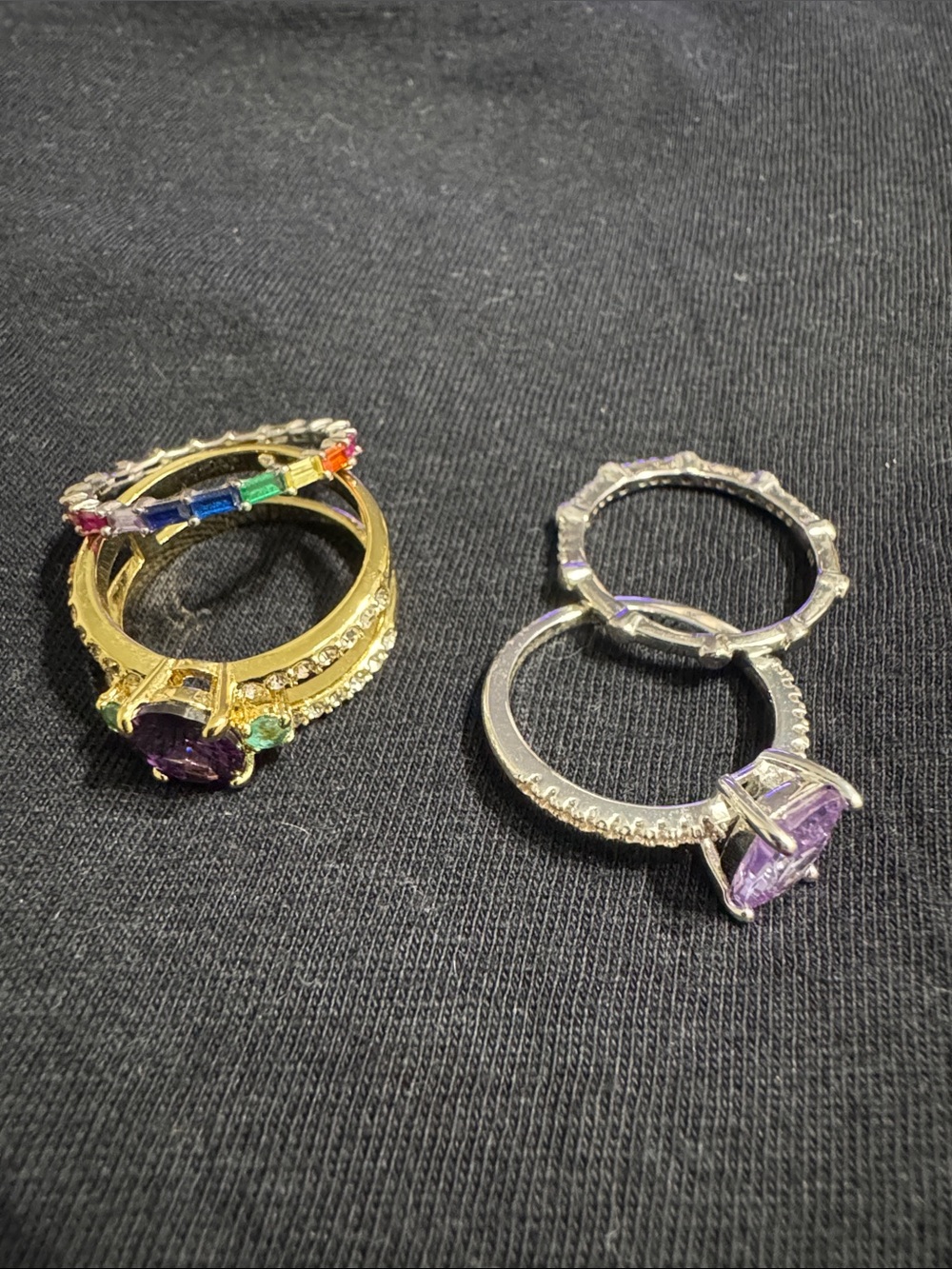 Stackable Amethyst and Rainbow CZ Ring Set — Gold and Silver Tones